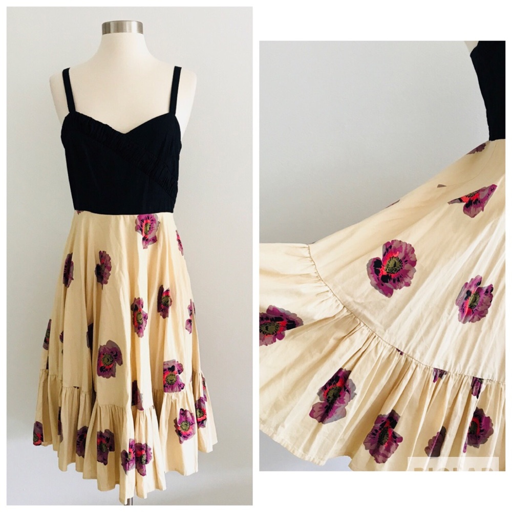 Anthropologie Black Bodice Cream Midi Dress with Pink Floral Print